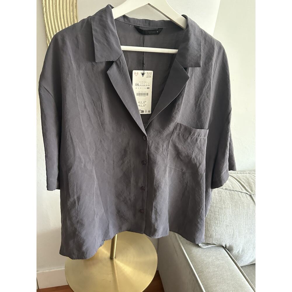 Zara Short Sleeve Button Front Blouse in Charcoal Gray